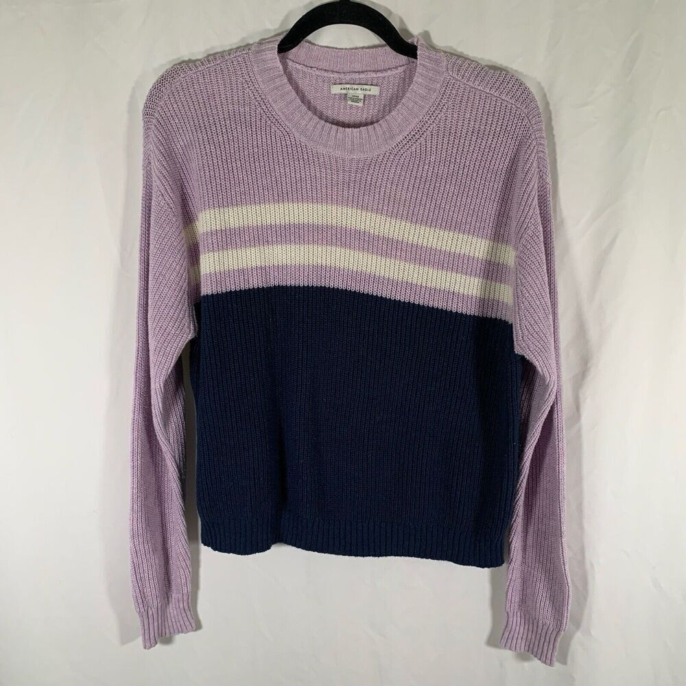 American Eagle Sweater Women's Small Purple Blue Striped Knit Crew Neck Pullover